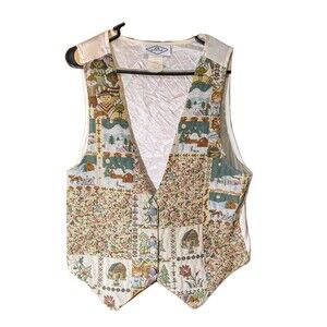 DWSF Womens M Vintage Tapestry Art To Wear Floral Cottagecore Snow Scenery Vest